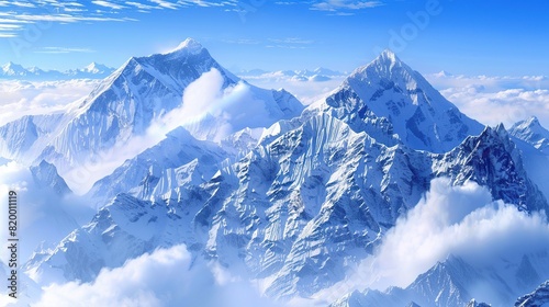 A tall snow-capped mountain with clouds around it. The sky is blue and there are some clouds in the foreground. photo