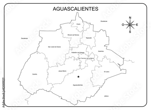 Educational map of the State of Aguascalientes in Mexico, with political division of the towns with names