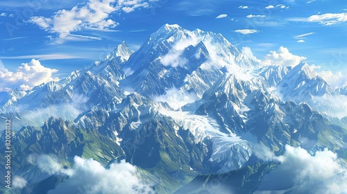 A tall snow-capped mountain with clouds around it. The sky is blue and there are some clouds in the foreground.