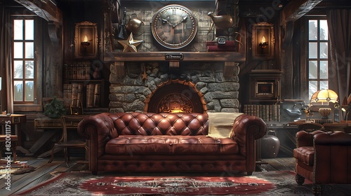 A rustic living room with a stone fireplace, and a vintage leather sofa that tells a story of many cozy evenings.