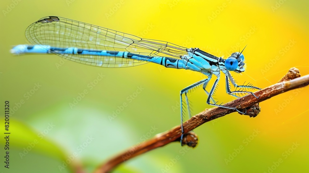 The delicate structure of a damselfly perched on a twig
