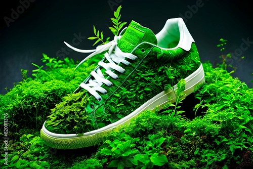 Green eco-friendly sneaker with grass and leaves, promoting sustainable living and environmental care.