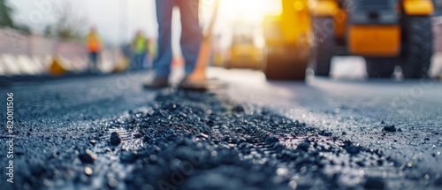 New asphalt being laid on a road photo