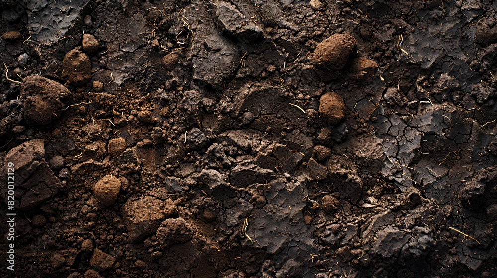 Aerial view of rich, dark clay soil , showing the texture and moisture retention characteristics of the soil