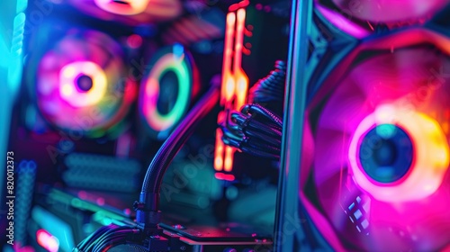 This is the inside of a desktop computer case. There are several multi-colored LED cooling fans and a graphics card with a pink LED light.

