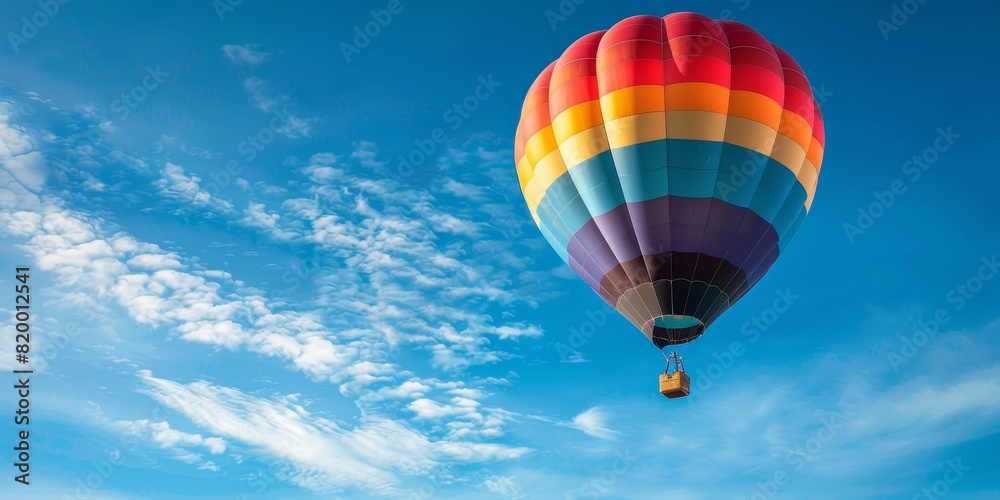 Naklejka premium Vibrant Rainbow Hot Air Balloon Soaring in Clear Sky with Ample Negative Space for Text or Graphics
