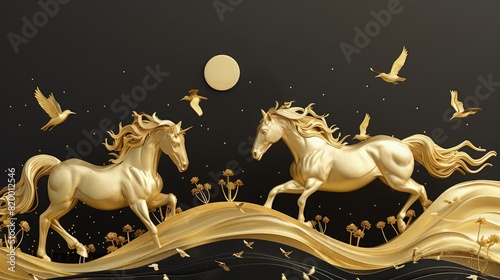 A striking painting depicting three golden horses, their manes flowing with the grace of molten gold, captured mid-gallop across a stark black canvas.