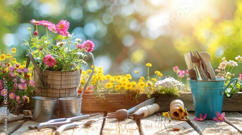 Gardening tools and utensils in a green meadow, garden maintenance, landscaping and hobby ideas. Sunlight.