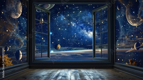  A mesmerizing view from a large, square window overlooking a vivid galaxy night sky. The scene captures a multitude of stars scattered across the cosmos.