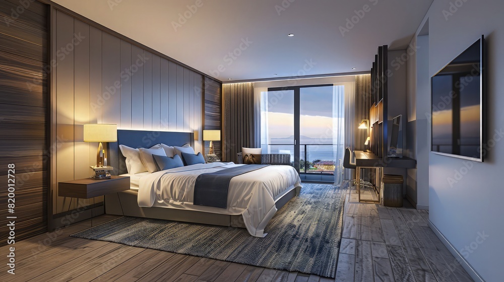 A lavish interior of a luxury hotel room, elegantly appointed with sleek, modern furniture. The room features a large, plush king-sized bed facing floor-to-ceiling windows. A lavish interior of a luxury hotel room, elegantly appointed with sleek, modern furniture. The room features a large, plush king-sized bed facing floor-to-ceiling windows.