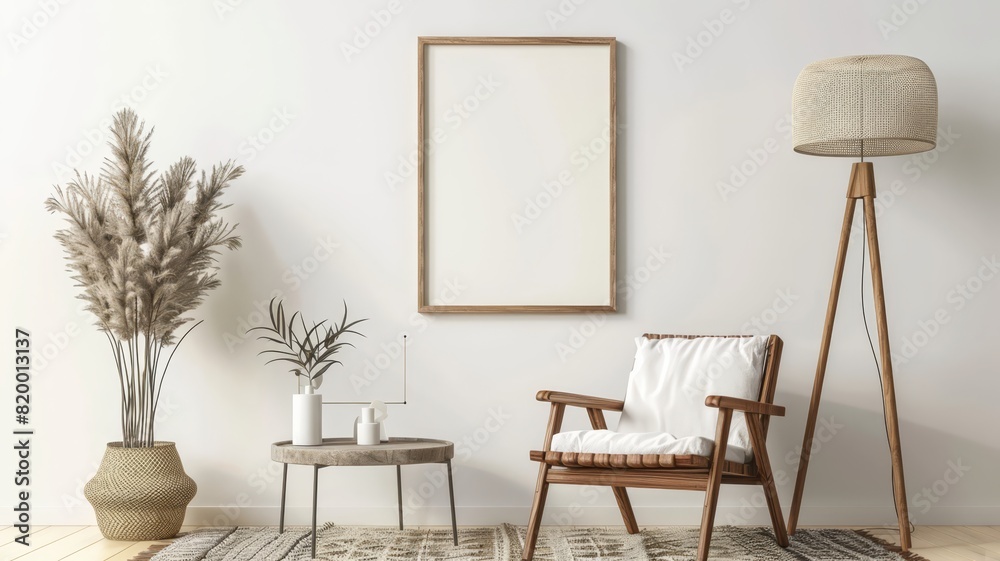 Mockup of a blank frame on a white wall, next to a modern armchair and floor lamp, with a cozy rug and coffee table, Mockup of a blank frame on a white wall, next to a modern armchair and floor lamp, with a cozy rug and coffee table,