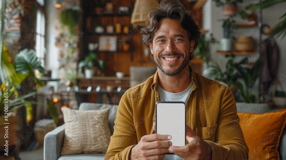 Cheerful Indian Guy Showing Smartphone With Big Blank White Screen At Camera, Cheerful Indian Guy Showing Smartphone With Big Blank White Screen At Camera,