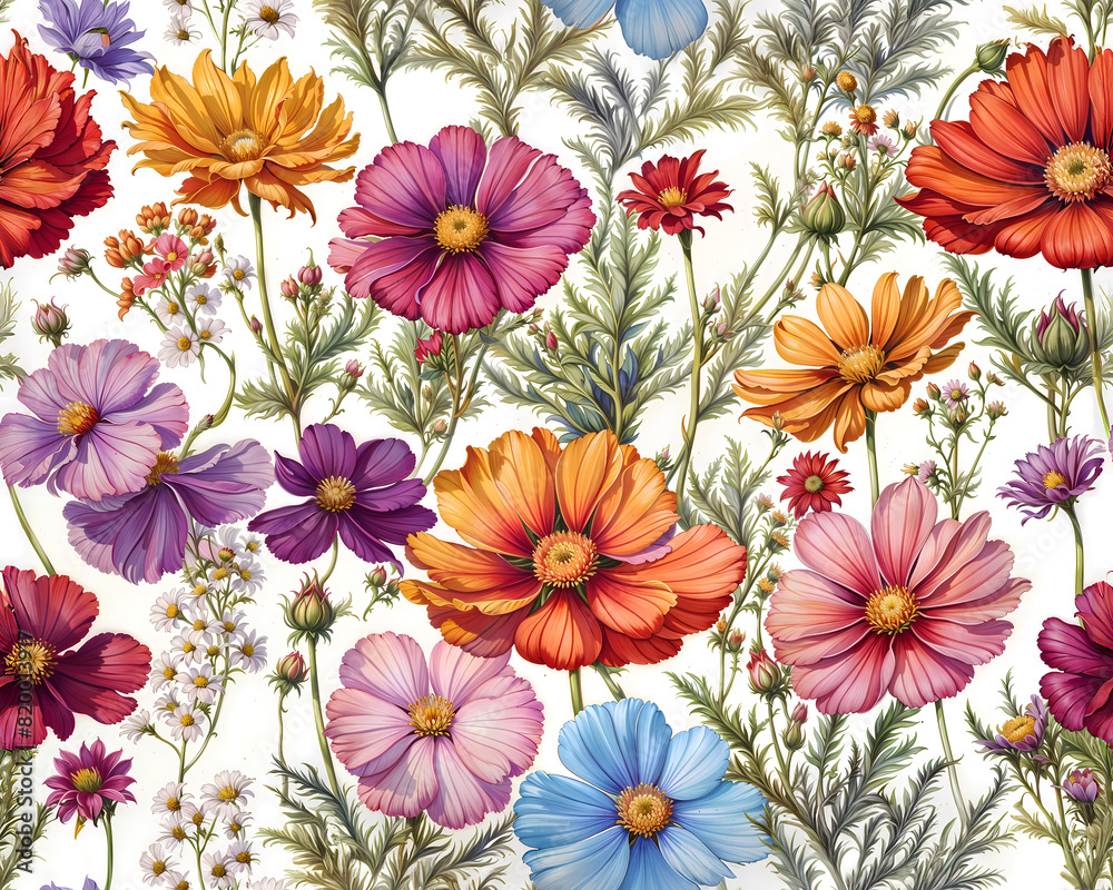 Seamless colorful cosmos flowers pattern, vector style, summer wallpaper design. Generative ai