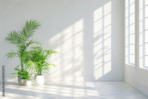 A white room with a large window and two potted plants