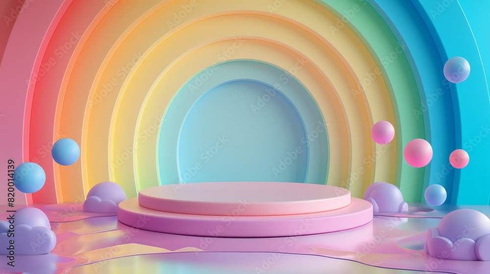 An empty podium on a multicolored rainbow background, an empty showcase for displaying goods. 3D rendering. An empty podium on a multicolored rainbow background, an empty showcase for displaying goods. 3D rendering.