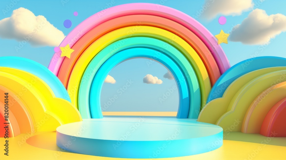 An empty podium on a multicolored rainbow background, an empty showcase for displaying goods. 3D rendering. An empty podium on a multicolored rainbow background, an empty showcase for displaying goods. 3D rendering.