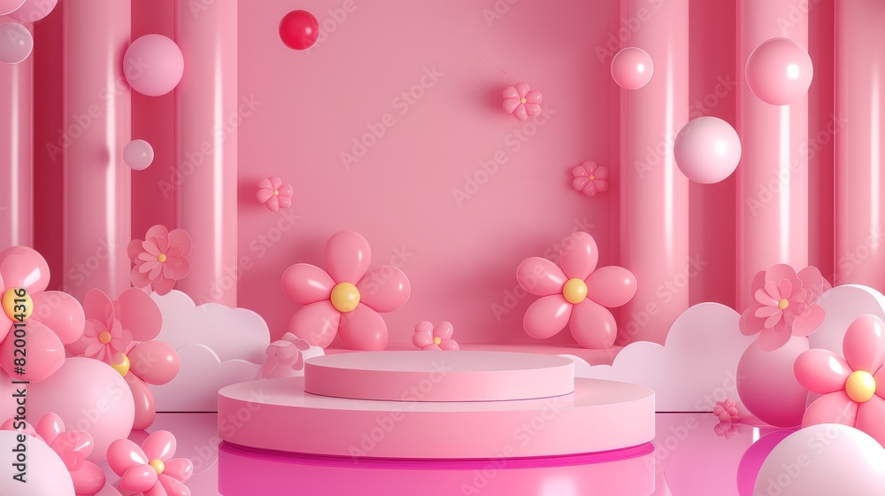 An empty round pink podium, on a background of flowers from balloons. An empty showcase for displaying goods. 3D rendering. An empty round pink podium, on a background of flowers from balloons. An empty showcase for displaying goods. 3D rendering.