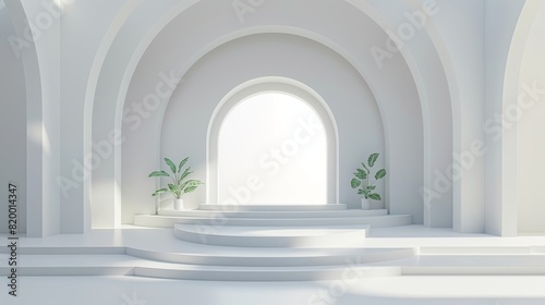 An empty round podium with a white arch with plants on the background, steps, a showcase for displaying goods. 3D rendering.