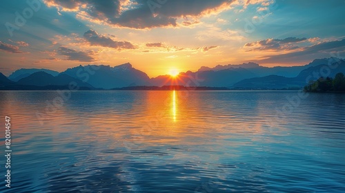 Tranquil Sunset Scenery at Lake with Majestic Mountain Silhouettes in Background