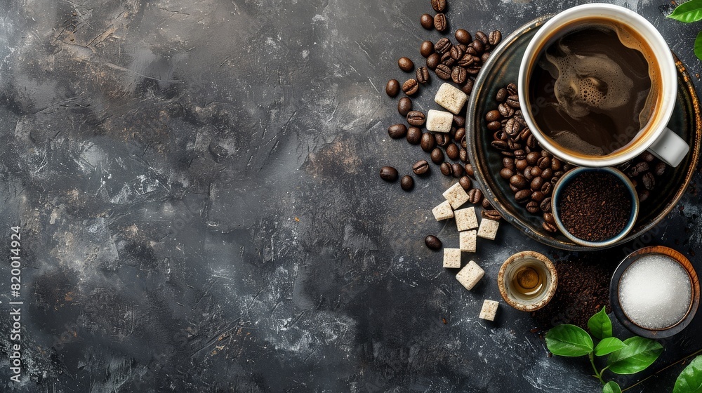 Coffee cup, beans and sugar on stone background. Top view with copy space . generative ai Coffee cup, beans and sugar on stone background. Top view with copy space . generative ai
