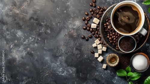 Coffee cup  beans and sugar on stone background. Top view with copy space . generative ai