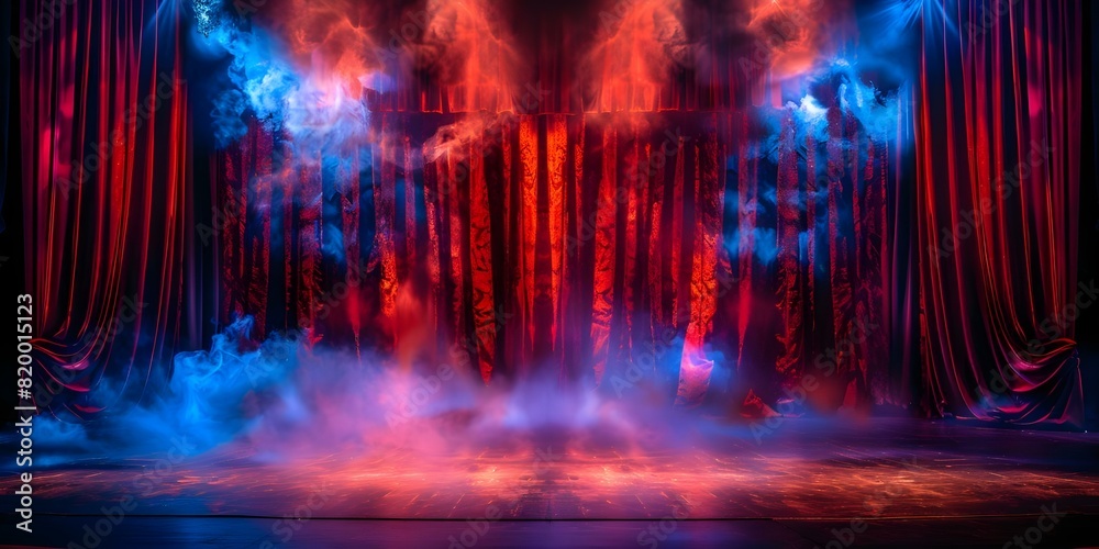Theatrical Setting: Empty Stage with Red Curtain, Spotlight, and Fog for Opera Performance. Concept Opera Performance, Theatrical Setting, Stage Setup, Red Curtain, Spotlight, Fog Effect