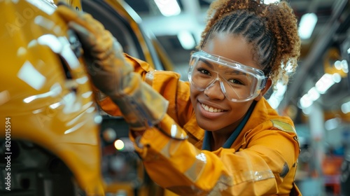A skilled female worker in safety gear assembles vehicle parts with precision in a manufacturing plant, meeting high standards of the automotive industry through teamwork and modern technology