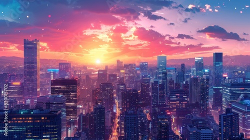 Vibrant Urban Skyline  Stunning Modern Cityscape with Glowing Skyscrapers against Twilight Sky Background