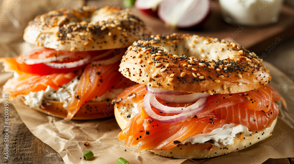 Bagel sandwich with smoked salmon, creamy cream cheese, fresh tomatoes, and onions