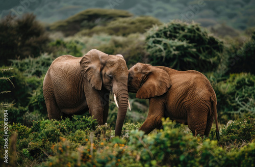 Two elephants are playing together in the savannah. One elephant is holding the other's trunk and it appears to be slapping its head against the other's forehead or ear with both of their trunks photo