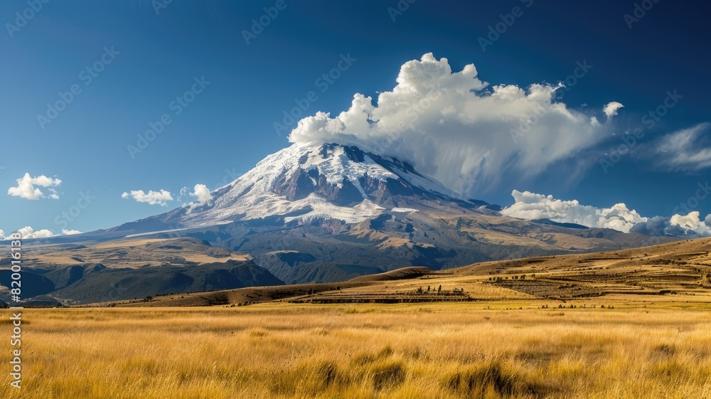 Fototapeta premium Snow-capped mountain with clouds above and grassy plain in foreground under blue sky