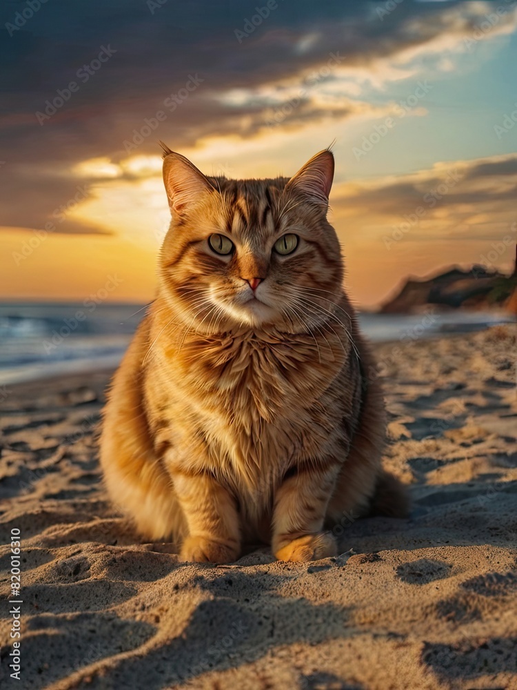 Obraz premium A curious tabby cat surveys its domain, perched atop a fence and a grassy rooftop