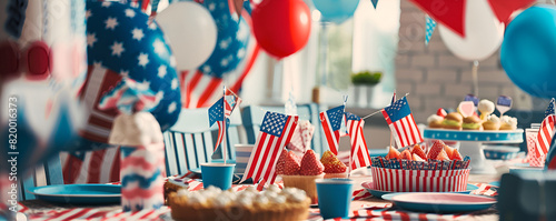 Festive 4th of July Decorations with US Flags and Patriotic Colors