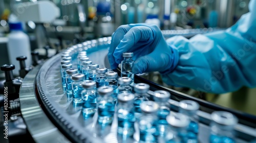 A skilled lab technician plays a crucial role in maintaining the sterility and precision of vaccine vials on the pharmaceutical production line, essential for healthcare manufacturing operations photo