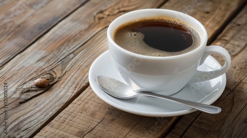 Coffee in white cup on wooden table, with spoon. generative ai