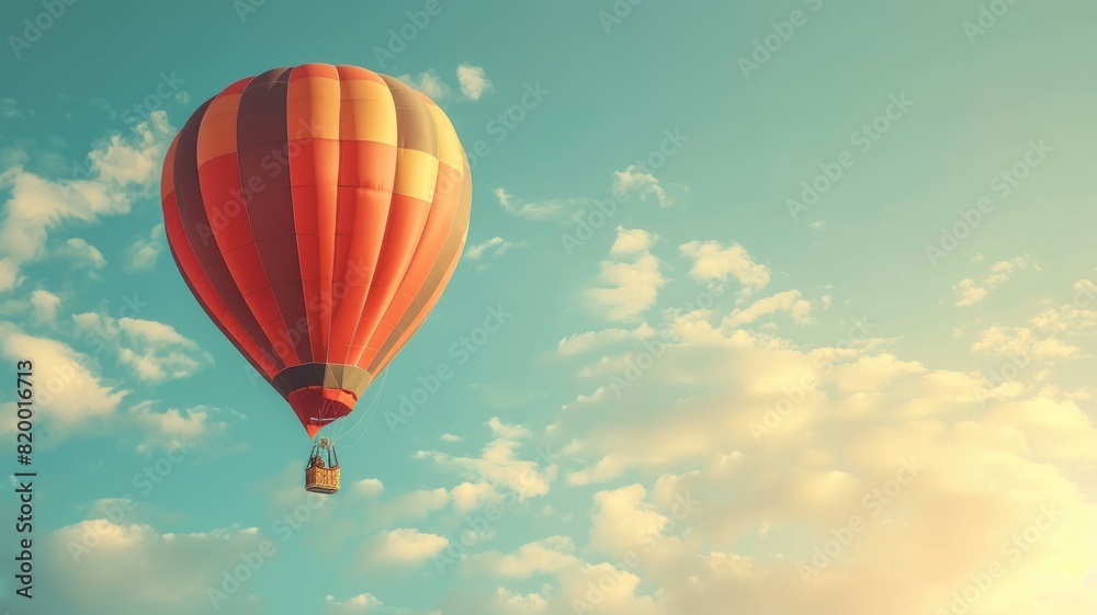 Obraz premium Red and orange striped hot air balloon floating in blue sky with fluffy white clouds