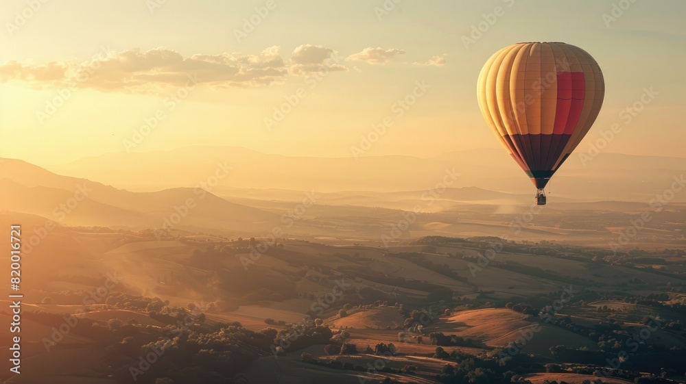 Hot air balloon floating over hilly landscape at sunrise Hot air balloon floating over hilly landscape at sunrise