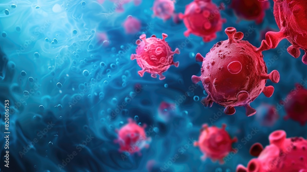 3D illustration of red virus particles against blue background, representing microscopic view 3D illustration of red virus particles against blue background, representing microscopic view