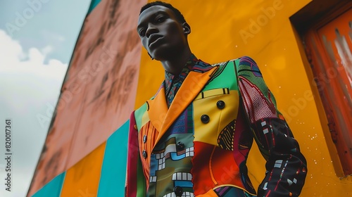 A male model wearing an avant-garde suit--bold colors, asymmetrical cuts, and unconventional patterns.