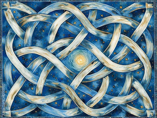 A painting of a crescent moon with a star in the center. The painting is blue and white and has a lot of detail