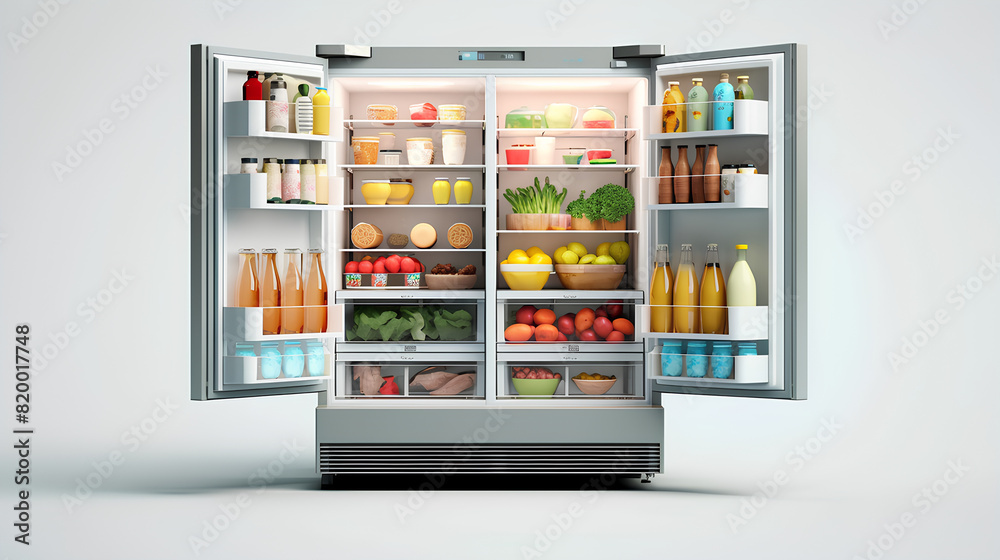 An open refrigerator full of fresh fruits and vegetables, food storage, diet concept An open refrigerator full of fresh fruits and vegetables, food storage, diet concept