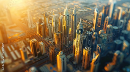 A futuristic city with many tall buildings and skyscrapers  made of glass and steel  reflecting the sunlight.