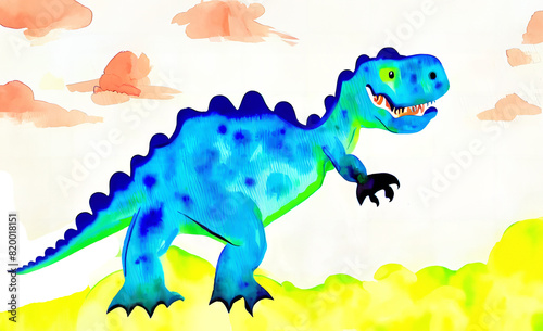 Watercolor painting of a happy cheerful dinosaur  bursting with bright colors and playful strokes  exuding a sense of joy and childlike wonder. 