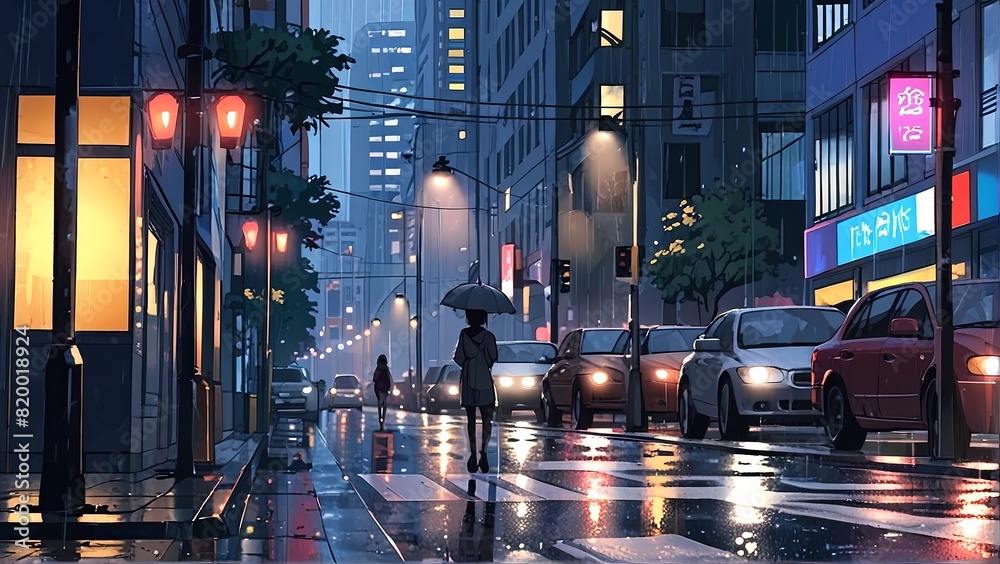 Fototapeta premium Rainy city street, cars, people with umbrella, Anime style illustration, anime background, manga, vibrant, cartoon vector art
