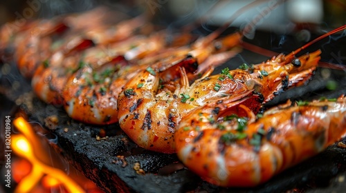 Prawns BBQ  Grilled Shrimps  Seafood Grill on Thailand Beach  Prawns on Open Fire  Barbecue