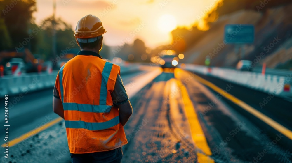 A road worker is standing on the side of a road wearing a hard hat and reflective vest. The sun is setting in the background.