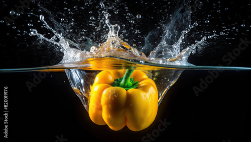 A close-up view of a yellow bell pepper plunging into water, resulting in a vibrant splash, with a stark black background enhancing the visual appeal photo