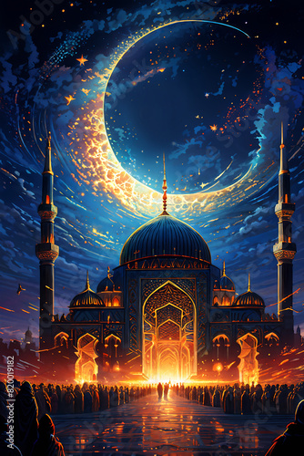 Digital art of blue mosque at night with crescent moon. Ramadan Kareem, Selamat Hari Raya, Eid al adha, Generative ai.