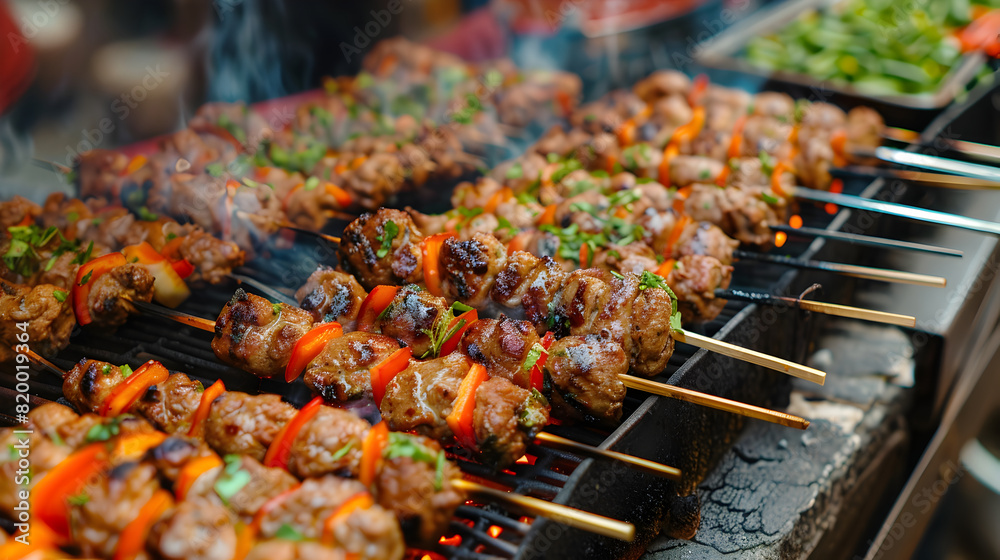 delicious pieces of shashlik with onions and vegetables on skewers delicious pieces of shashlik with onions and vegetables on skewers