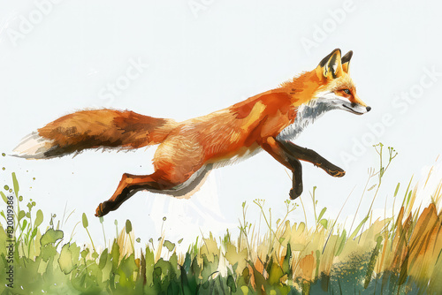 jumping fox outdoors, in style of an aquarelle photo